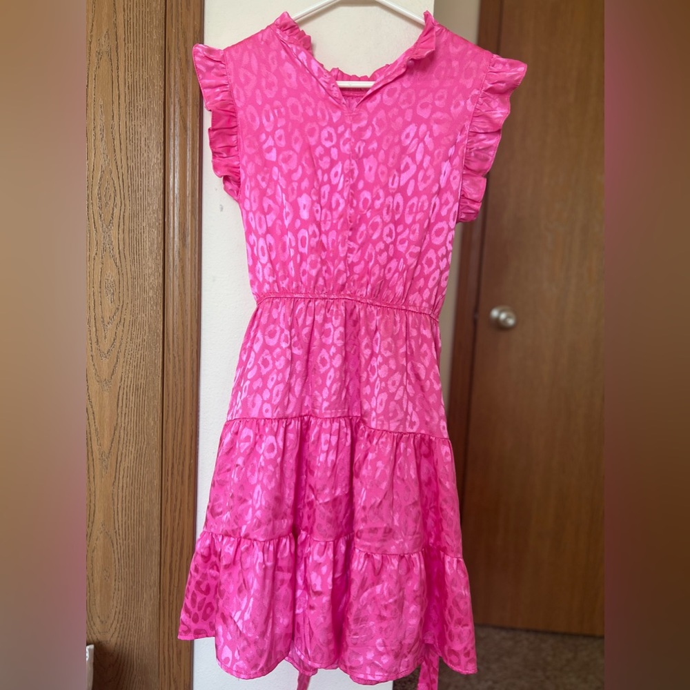 Hot pink cheetah print dress. Cut off sleeves and ruffles